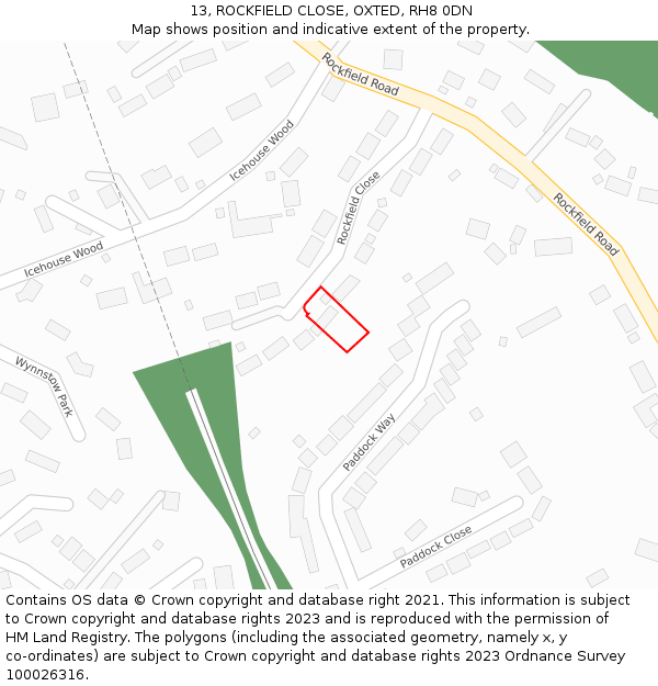 13, ROCKFIELD CLOSE, OXTED, RH8 0DN: Location map and indicative extent of plot