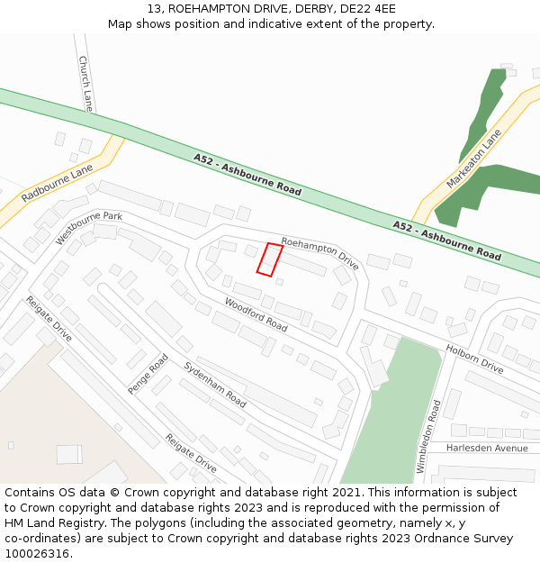 13, ROEHAMPTON DRIVE, DERBY, DE22 4EE: Location map and indicative extent of plot