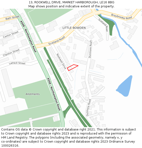 13, ROOKWELL DRIVE, MARKET HARBOROUGH, LE16 8BG: Location map and indicative extent of plot