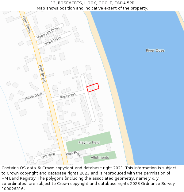 13, ROSEACRES, HOOK, GOOLE, DN14 5PP: Location map and indicative extent of plot