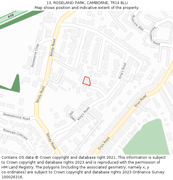 13, ROSELAND PARK, CAMBORNE, TR14 8LU: Location map and indicative extent of plot