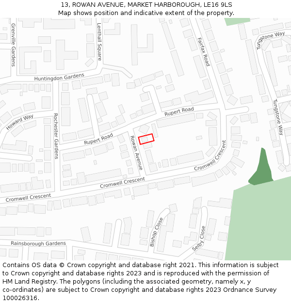 13, ROWAN AVENUE, MARKET HARBOROUGH, LE16 9LS: Location map and indicative extent of plot