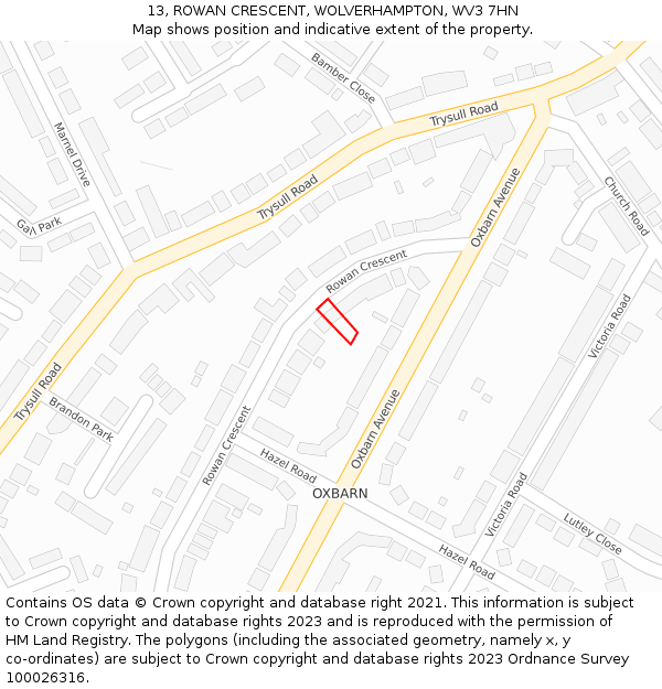 13, ROWAN CRESCENT, WOLVERHAMPTON, WV3 7HN: Location map and indicative extent of plot