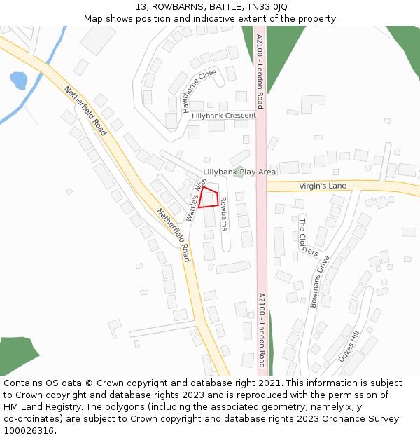 13, ROWBARNS, BATTLE, TN33 0JQ: Location map and indicative extent of plot