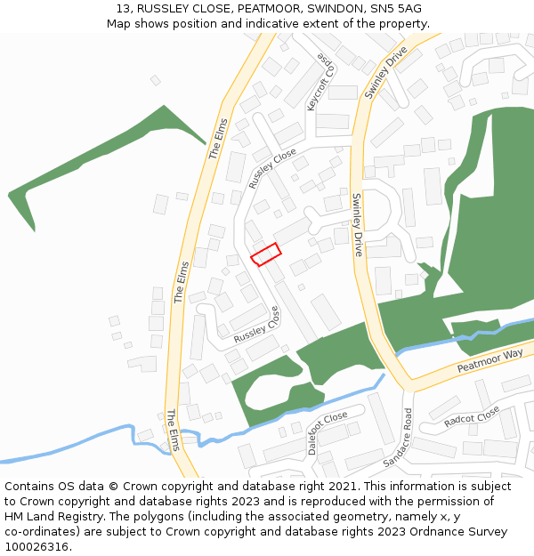 13, RUSSLEY CLOSE, PEATMOOR, SWINDON, SN5 5AG: Location map and indicative extent of plot