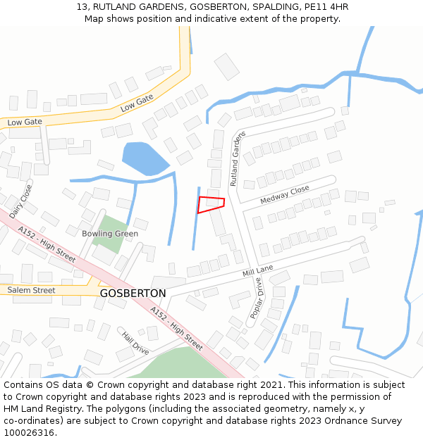13, RUTLAND GARDENS, GOSBERTON, SPALDING, PE11 4HR: Location map and indicative extent of plot