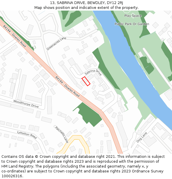 13, SABRINA DRIVE, BEWDLEY, DY12 2RJ: Location map and indicative extent of plot