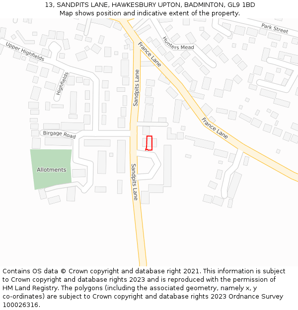 13, SANDPITS LANE, HAWKESBURY UPTON, BADMINTON, GL9 1BD: Location map and indicative extent of plot