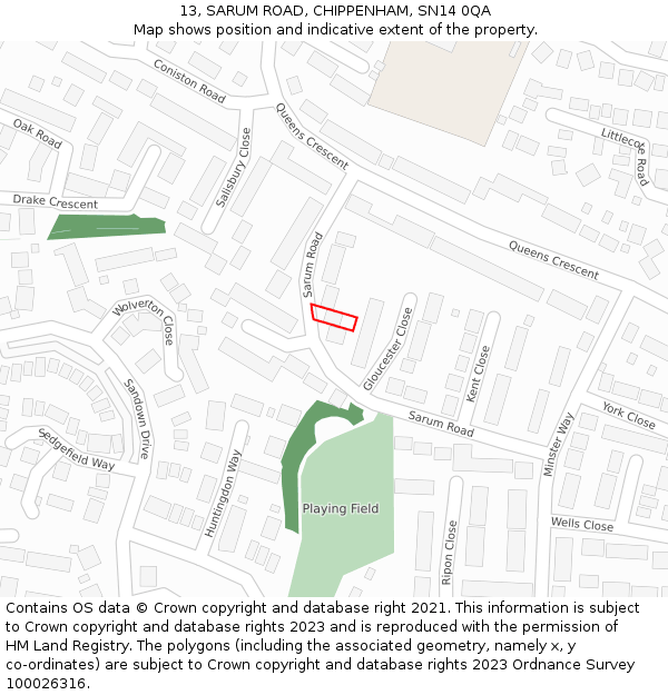 13, SARUM ROAD, CHIPPENHAM, SN14 0QA: Location map and indicative extent of plot