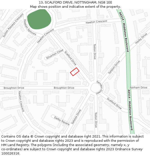 13, SCALFORD DRIVE, NOTTINGHAM, NG8 1EE: Location map and indicative extent of plot