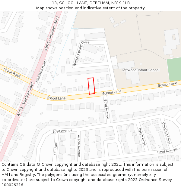 13, SCHOOL LANE, DEREHAM, NR19 1LR: Location map and indicative extent of plot