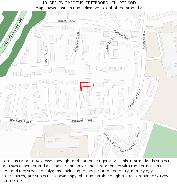 13, SERLBY GARDENS, PETERBOROUGH, PE3 9QD: Location map and indicative extent of plot