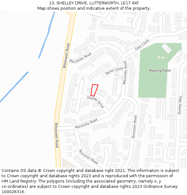 13, SHELLEY DRIVE, LUTTERWORTH, LE17 4XF: Location map and indicative extent of plot