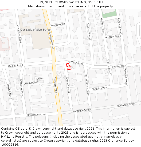 13, SHELLEY ROAD, WORTHING, BN11 1TU: Location map and indicative extent of plot