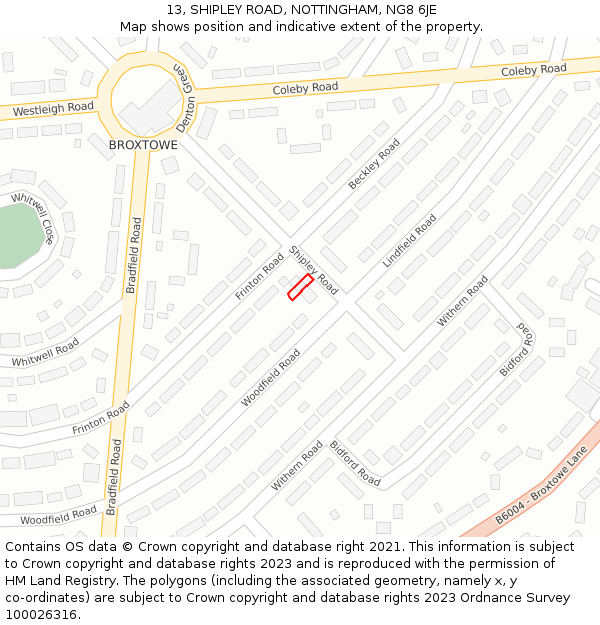 13, SHIPLEY ROAD, NOTTINGHAM, NG8 6JE: Location map and indicative extent of plot