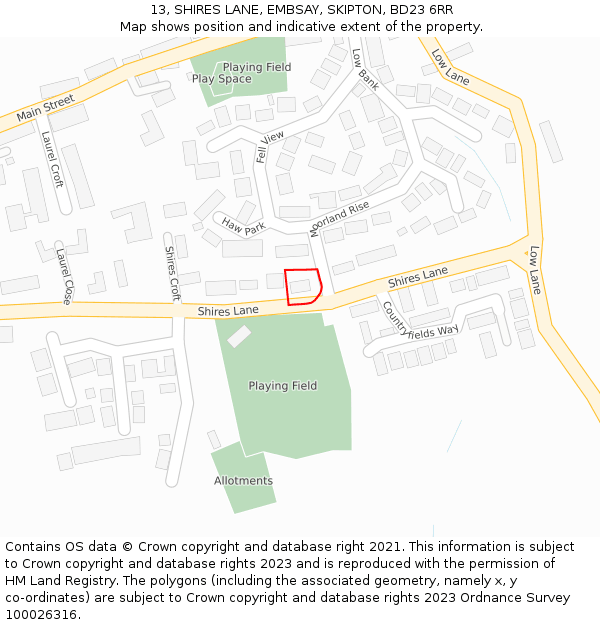 13, SHIRES LANE, EMBSAY, SKIPTON, BD23 6RR: Location map and indicative extent of plot