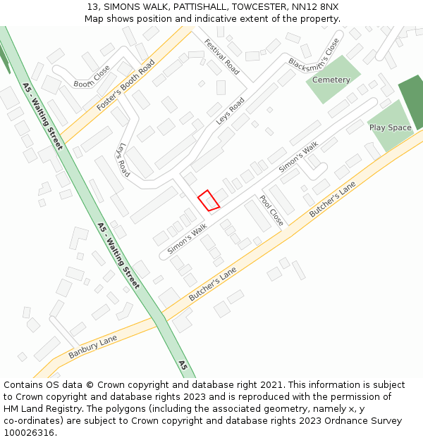 13, SIMONS WALK, PATTISHALL, TOWCESTER, NN12 8NX: Location map and indicative extent of plot