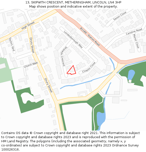 13, SKIPWITH CRESCENT, METHERINGHAM, LINCOLN, LN4 3HP: Location map and indicative extent of plot