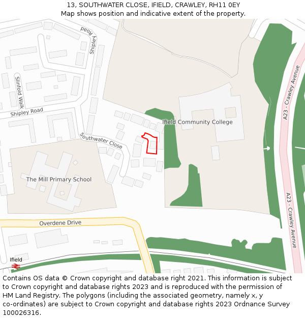 13, SOUTHWATER CLOSE, IFIELD, CRAWLEY, RH11 0EY: Location map and indicative extent of plot