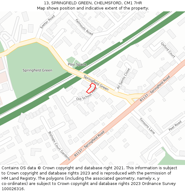 13, SPRINGFIELD GREEN, CHELMSFORD, CM1 7HR: Location map and indicative extent of plot