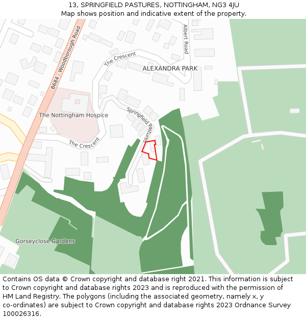 13, SPRINGFIELD PASTURES, NOTTINGHAM, NG3 4JU: Location map and indicative extent of plot