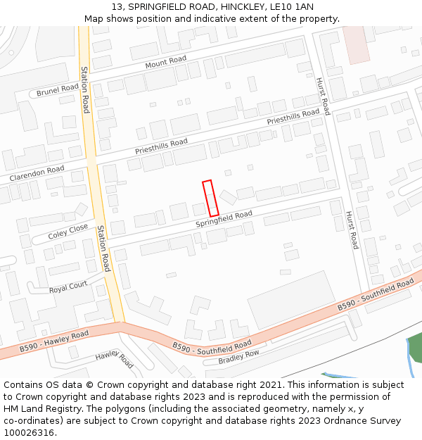 13, SPRINGFIELD ROAD, HINCKLEY, LE10 1AN: Location map and indicative extent of plot