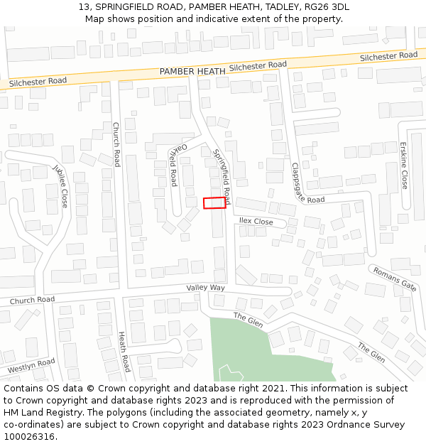 13, SPRINGFIELD ROAD, PAMBER HEATH, TADLEY, RG26 3DL: Location map and indicative extent of plot