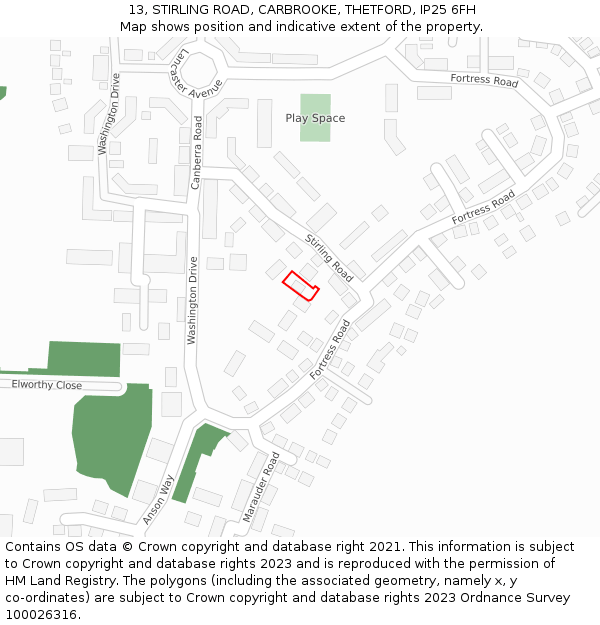 13, STIRLING ROAD, CARBROOKE, THETFORD, IP25 6FH: Location map and indicative extent of plot
