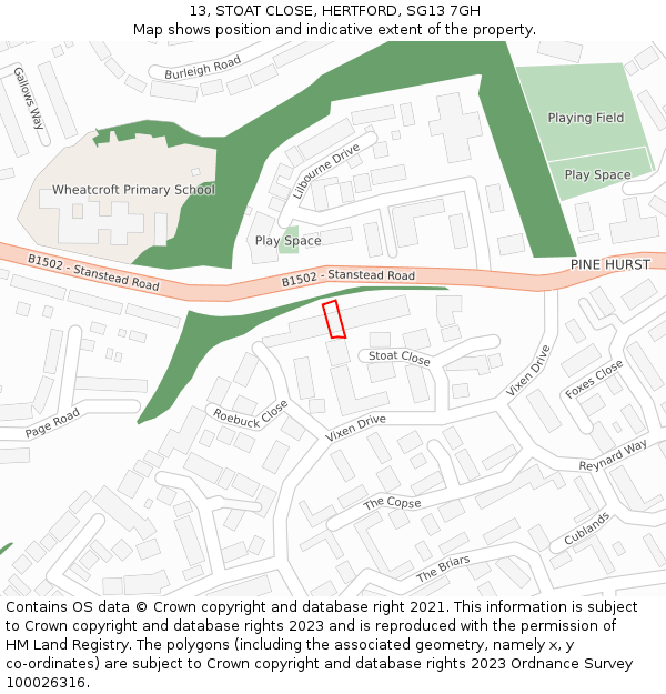 13, STOAT CLOSE, HERTFORD, SG13 7GH: Location map and indicative extent of plot
