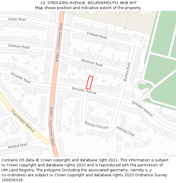 13, STROUDEN AVENUE, BOURNEMOUTH, BH8 9HT: Location map and indicative extent of plot