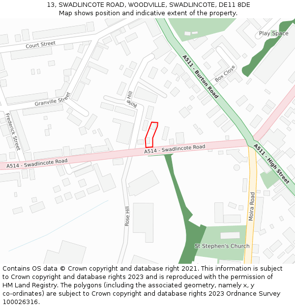 13, SWADLINCOTE ROAD, WOODVILLE, SWADLINCOTE, DE11 8DE: Location map and indicative extent of plot