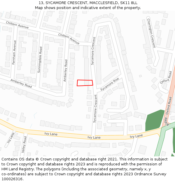 13, SYCAMORE CRESCENT, MACCLESFIELD, SK11 8LL: Location map and indicative extent of plot