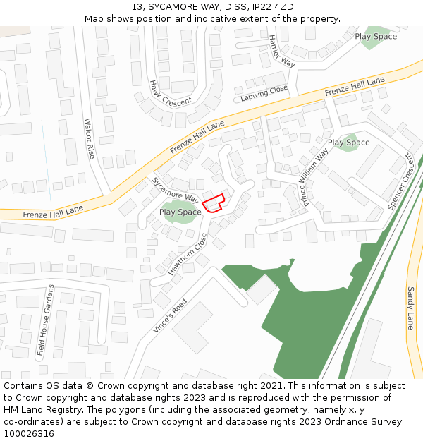 13, SYCAMORE WAY, DISS, IP22 4ZD: Location map and indicative extent of plot