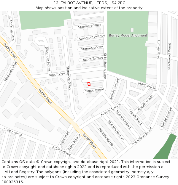 13, TALBOT AVENUE, LEEDS, LS4 2PG: Location map and indicative extent of plot