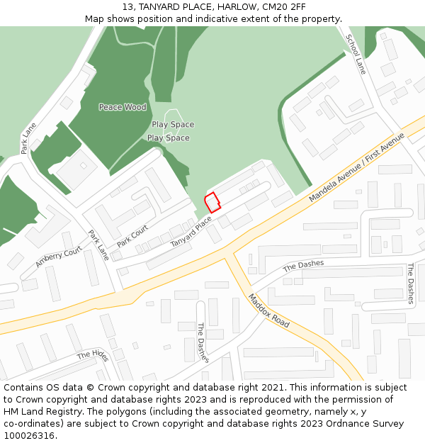 13, TANYARD PLACE, HARLOW, CM20 2FF: Location map and indicative extent of plot