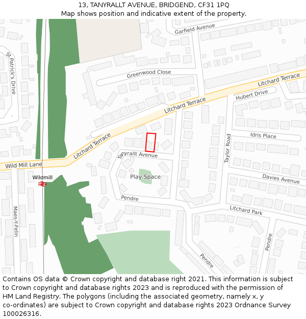13, TANYRALLT AVENUE, BRIDGEND, CF31 1PQ: Location map and indicative extent of plot