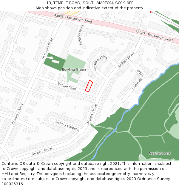 13, TEMPLE ROAD, SOUTHAMPTON, SO19 9FE: Location map and indicative extent of plot