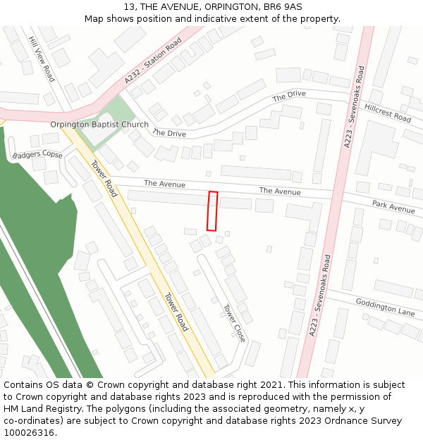 13, THE AVENUE, ORPINGTON, BR6 9AS: Location map and indicative extent of plot