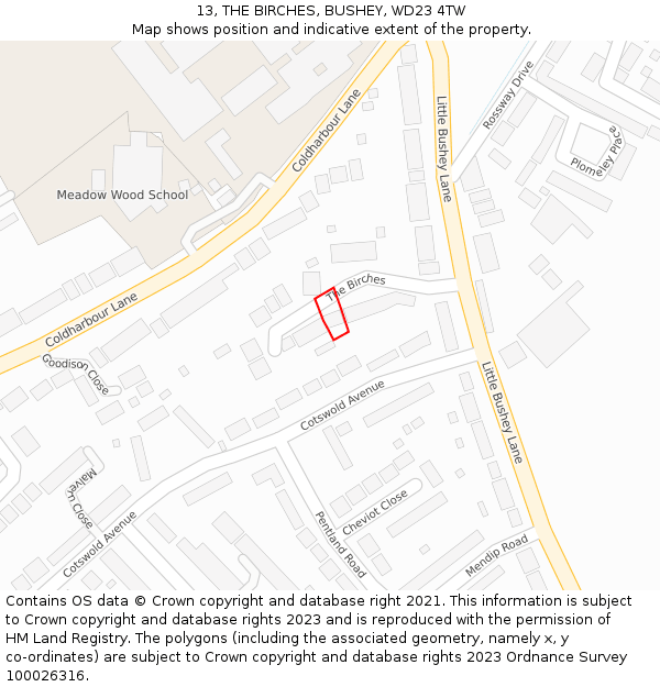 13, THE BIRCHES, BUSHEY, WD23 4TW: Location map and indicative extent of plot
