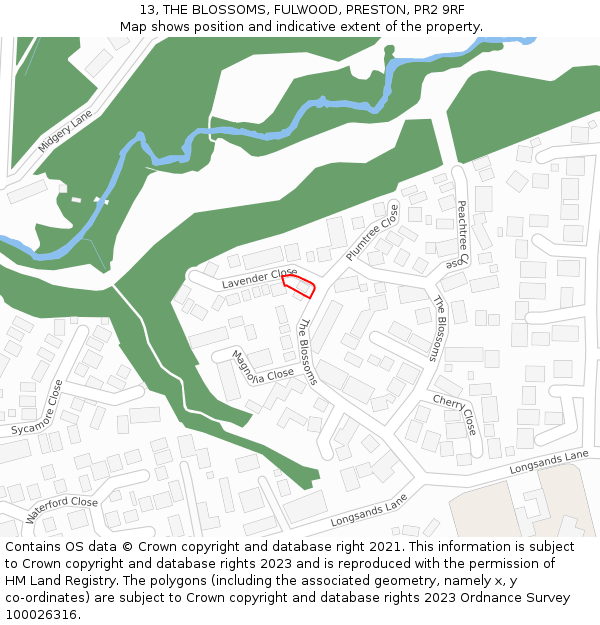 13, THE BLOSSOMS, FULWOOD, PRESTON, PR2 9RF: Location map and indicative extent of plot