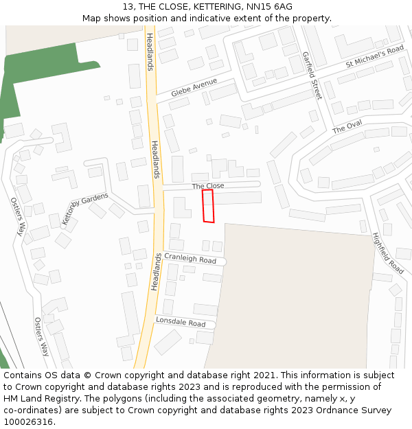 13, THE CLOSE, KETTERING, NN15 6AG: Location map and indicative extent of plot