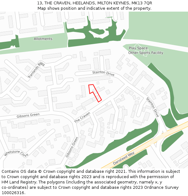 13, THE CRAVEN, HEELANDS, MILTON KEYNES, MK13 7QR: Location map and indicative extent of plot