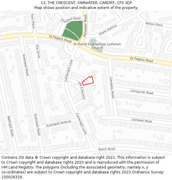 13, THE CRESCENT, FAIRWATER, CARDIFF, CF5 3DF: Location map and indicative extent of plot