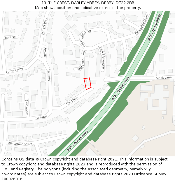 13, THE CREST, DARLEY ABBEY, DERBY, DE22 2BR: Location map and indicative extent of plot