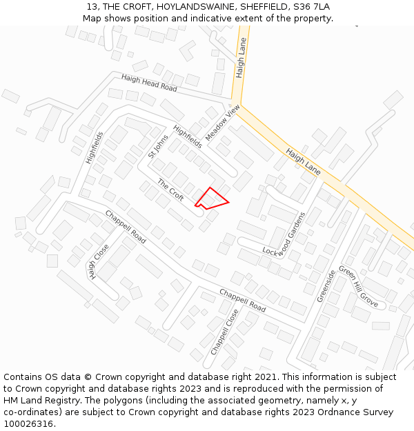 13, THE CROFT, HOYLANDSWAINE, SHEFFIELD, S36 7LA: Location map and indicative extent of plot