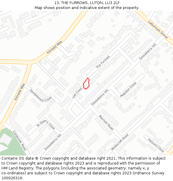 13, THE FURROWS, LUTON, LU3 2LF: Location map and indicative extent of plot