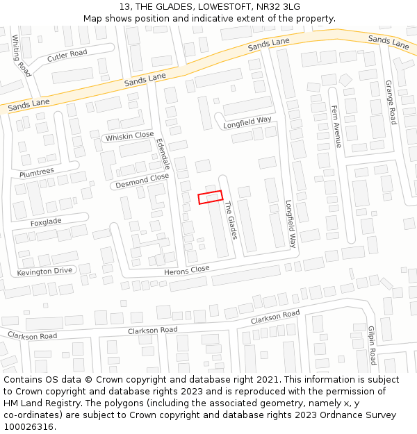 13, THE GLADES, LOWESTOFT, NR32 3LG: Location map and indicative extent of plot