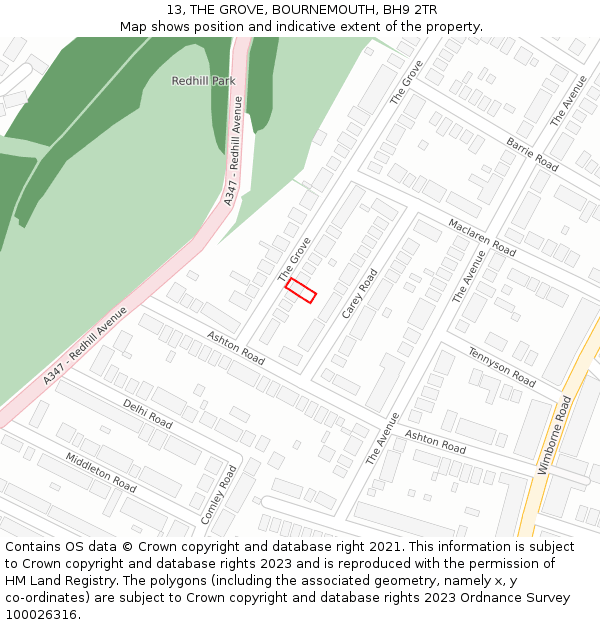 13, THE GROVE, BOURNEMOUTH, BH9 2TR: Location map and indicative extent of plot