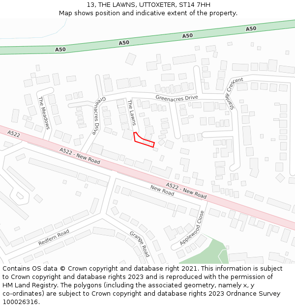 13, THE LAWNS, UTTOXETER, ST14 7HH: Location map and indicative extent of plot