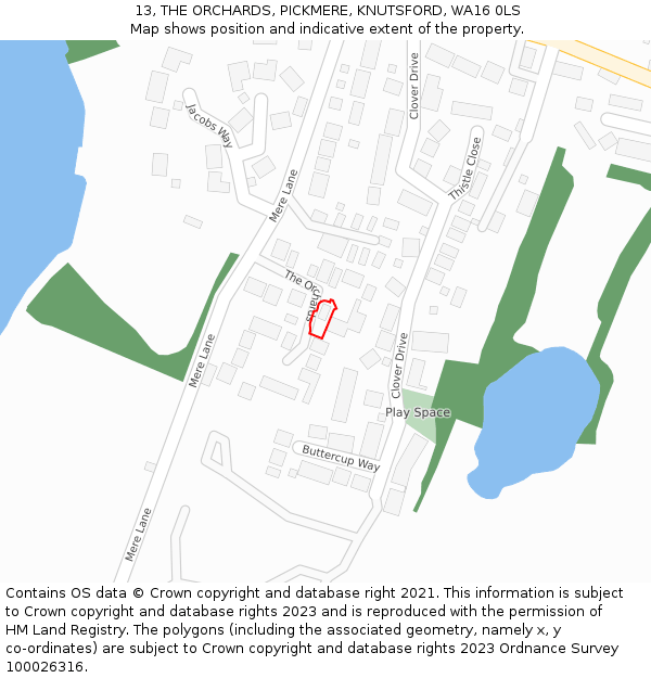 13, THE ORCHARDS, PICKMERE, KNUTSFORD, WA16 0LS: Location map and indicative extent of plot